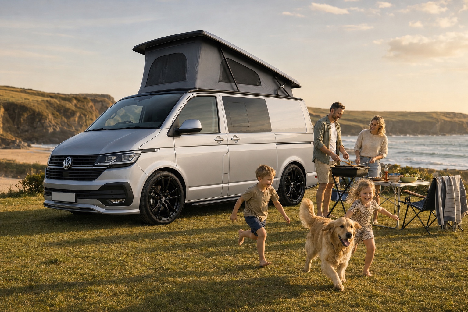 Silver VW Transporter camper with its pop-top raised beside the coast, with a family and dog enjoying a barbecue